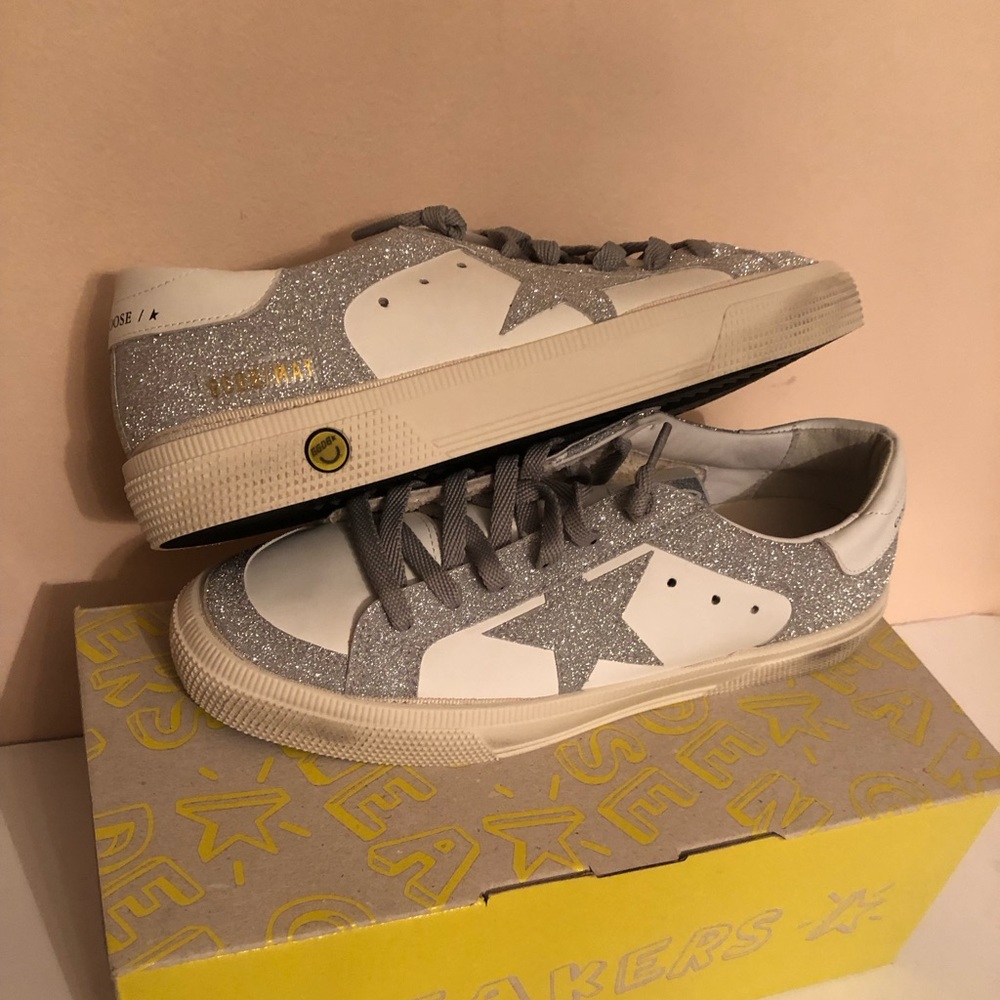 GOLDEN GOOSE May Superstar Silver Glitter Leather Sneakers BRAND NEW - Picture 6 of 15